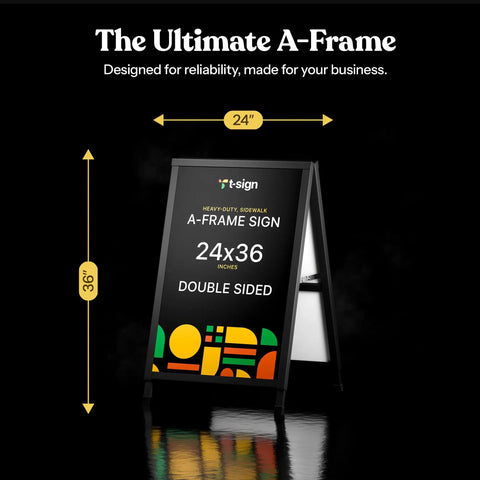 Outdoor A Frame Sidewalk Sign 24 By 36 Inch Double Sided Black Coated Steel Weatherproof Heavy Duty Frame shown with dimensions