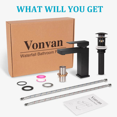 Matte Black Bathroom Faucet With Solid Brass Construction Single Lever Vanity Faucet Lead Free Includes Pop Up Drain And Water Supply Hoses No Hassle Install For Modern Bathroom Remodel And Renovation shown with parts and box
