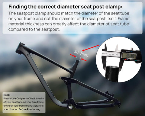 Heavy Duty Aluminum Bike Seat Post Clamp For MTB And Road Bikes measuring 36.3mm on a bike frame with caliper