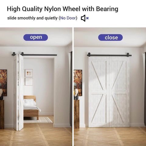 Two Door Bi Folding Sliding Barn Door Hardware Kit 42 Inch Black Track in living room open and closed positions
