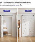 Heavy Duty 30 Inch Bi Folding Barn Door Hardware Kit For Two Doors Black Top Mount Track With Steel Rollers 330 Lb Capacity Whisper Quiet Nylon Wheels Easy Install Durable Moisture Resistant Hardware, installed in a bedroom setting