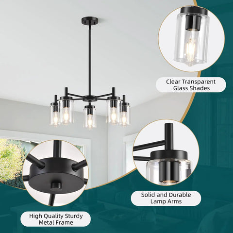 4 Light Black Dining Room Chandelier With Glass Shades and sturdy metal rods in a modern dining room setting, focus on glass shades.