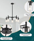 Six Light Brushed Nickel Chandelier With Clear Glass Shades For Dining Room Kitchen Island Foyer And Hallway Modern Farmhouse Pendant