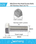 M8 X 25Mm Hex Head Bolts Set 20 Pack Stainless Steel 304 A2-70 Fully Threaded M8 X 1.25 Pitch Bright Finish Hexagon Head Screws