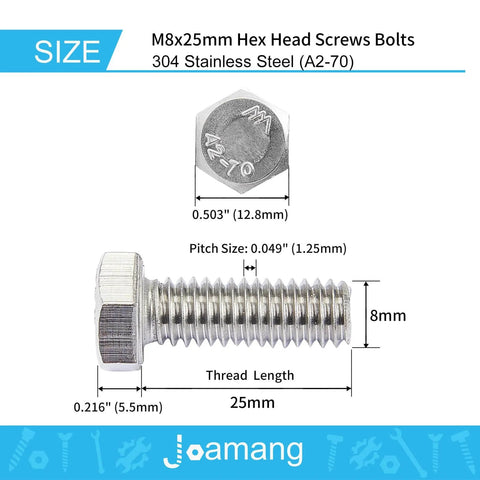 M8 X 25Mm Hex Head Bolts Set 20 Pack Stainless Steel 304 A2-70 Fully Threaded M8 X 1.25 Pitch Bright Finish Hexagon Head Screws