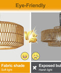 Five Light Hand Woven Rattan Chandelier With Totally Adjustable Drop From Nine To Fifty Two Inches And Soft Linen Shades For Kitchen Island Super Cozy Glow with soft vs harsh light comparison.