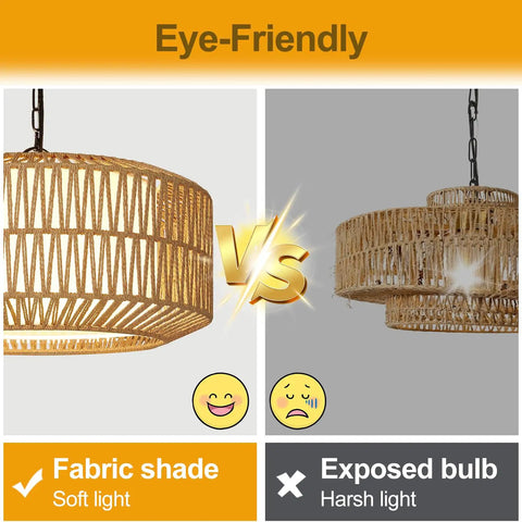 Five Light Hand Woven Rattan Chandelier With Totally Adjustable Drop From Nine To Fifty Two Inches And Soft Linen Shades For Kitchen Island Super Cozy Glow with soft vs harsh light comparison.