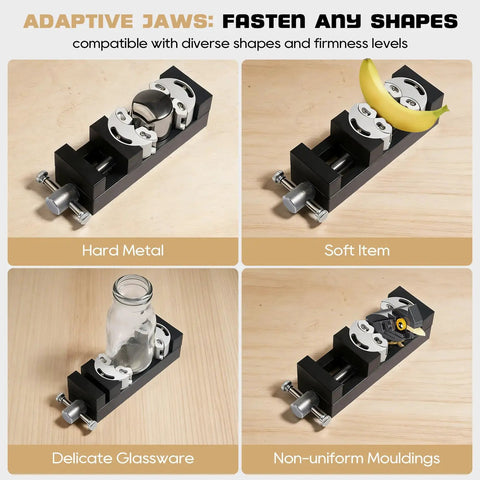Mini Smart Fractal Drill Press Vise With Dual Jaw Design For Any Shape, Self Adjusting Workholding, showing various objects held