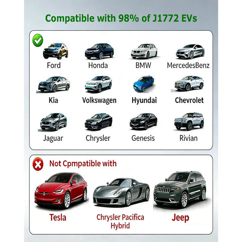 Image showing compatible vehicles for Built Tough Tesla To J1772 Charging Adapter With Secure Lock IP65 Weatherproof Housing.