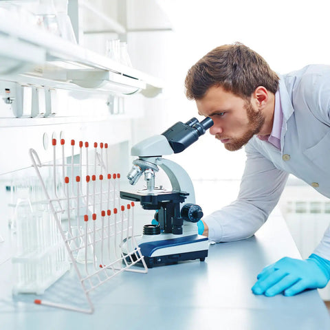 No Sweat Laboratory Beaker Drying Rack With 24 Position Test Tube Draining Holder For Fast Cleanup And Sharp Counter Organization In Any Chemistry Or Industrial Workspace with microscope in laboratory.