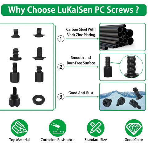 516Pcs Computer Screw Kit With 6-32 And M3 Standoffs Carbon Steel Black Zinc Plated showcasing features like material and anti-rust properties.