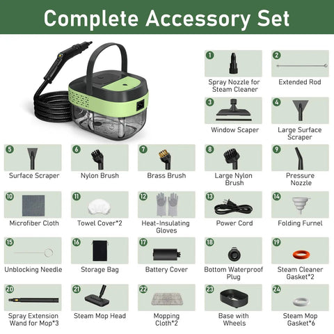 Complete accessory set for 14 In 1 Multifunctional Steam Cleaner Mop with various tools for effective cleaning.