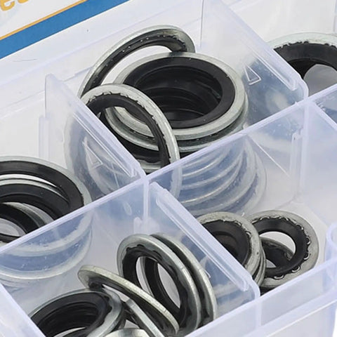 Close-up of 45 Piece Pro Grade AC Compressor Gasket Kit with various sizes in a clear labeled box.