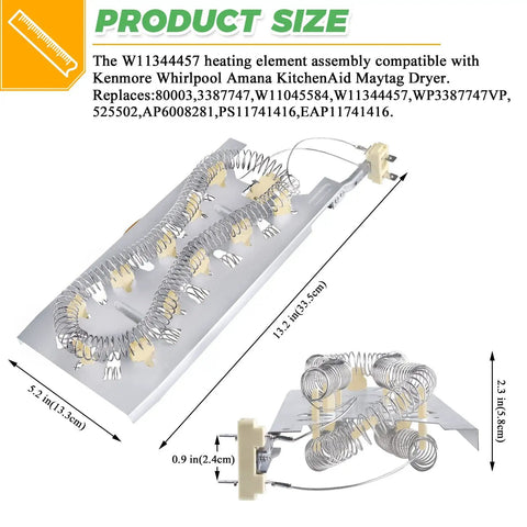 Top view of 3387747 Dryer Heating Element Replacement for Kenmore Whirlpool KitchenAid and Maytag Dryers, with dimensions labeled.