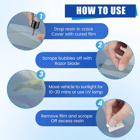 Instruction steps for using Cracks Gone Universal Windshield Crack Repair Kit for Cars and Trucks, All Weather Glass Repair Kit