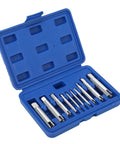 Ultimate Damaged Screw Extractor Kit With 10 Pieces Of Hardened Alloy Steel Bits To Quickly Remove Rusty Stripped Screws For All Your DIY Projects And Home Repairs Without Wasting Time Or Breaking Valuable Tools. blue case with 10 alloy steel bits