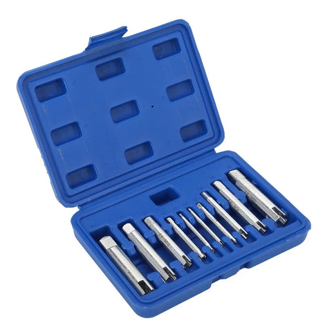 Ultimate Damaged Screw Extractor Kit With 10 Pieces Of Hardened Alloy Steel Bits To Quickly Remove Rusty Stripped Screws For All Your DIY Projects And Home Repairs Without Wasting Time Or Breaking Valuable Tools. blue case with 10 alloy steel bits