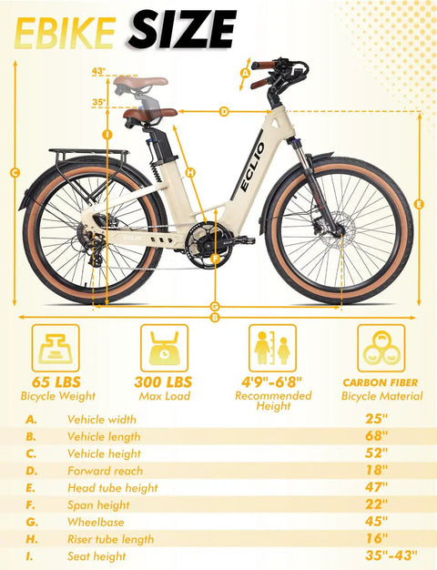 Adult Electric Bike With 1200W Peak Motor And 960Wh Dual Battery showing size dimensions and carbon fiber frame details.