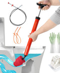 High Pressure Air Toilet Plunger With Flexible Drain Snake For Blasting Through Stubborn Bathroom And Kitchen Clogs in use with tools.