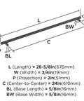 Diagram showing dimensions of 24 Inch Center To Center Matte Black Appliance Pull Bar Handle For Paneled Appliances And Large Cabinets.