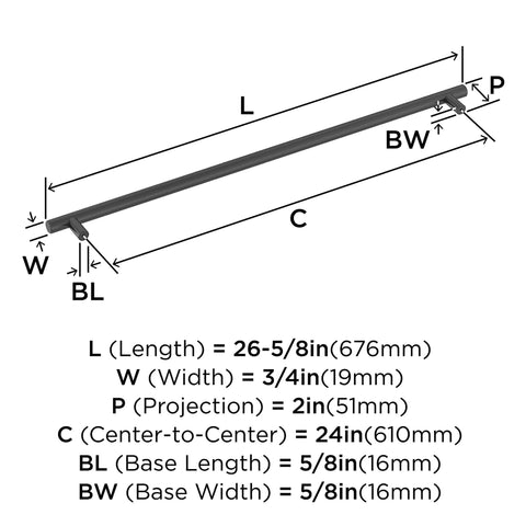 Diagram showing dimensions of 24 Inch Center To Center Matte Black Appliance Pull Bar Handle For Paneled Appliances And Large Cabinets.