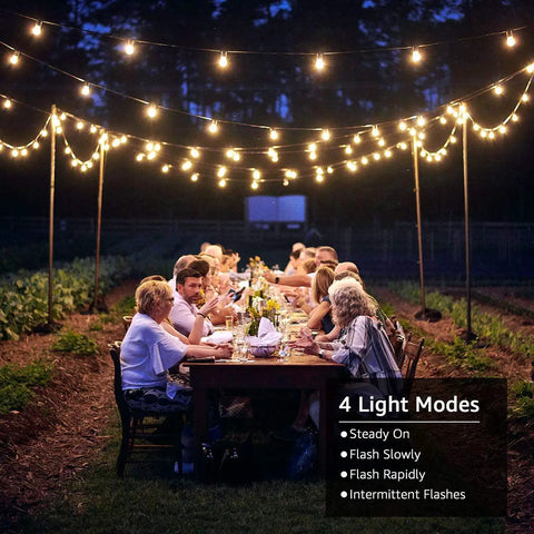 Group dining under Solar Outdoor String Lights 25ft 26 LED G40 Bulbs USB Rechargeable Portable Edison Cafe Lights