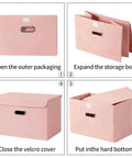 Instructions for using Premium Pink Fabric Storage Cubes Featuring Reinforced Stainless Steel Handles And Secure Cover Lids.