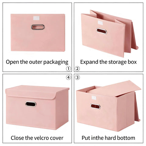 Instructions for using Premium Pink Fabric Storage Cubes Featuring Reinforced Stainless Steel Handles And Secure Cover Lids.