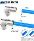 Diagram showing 304 Stainless Steel Male Elbow Push To Connect Fitting Five Sixteenth Inch Tube OD X One Eighth Inch NPT Thread 90 Degree Pneumatic Fitting Pack Of Two with tube insertion.