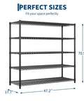 Tough As Nails Rock Solid Heavy Duty Metal Storage Rack Five Tier Wire Shelf With Rust Resistant Carbon Steel Construction For Garage And Warehouse Shelving Unit Holding Up To Three Thousand Two Hundred Pounds dimensions 70.9" height, 47.2" width, 17.7" depth.