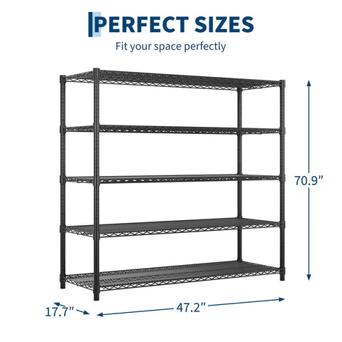 Heavy Duty Wire Shelving Rack With Five Tier Carbon Steel Build And 640 Pound Load Rating That Really Knocks The Clutter Out Of The Park For Your Home Or Garage, 70.9" tall shelf showing dimensions.