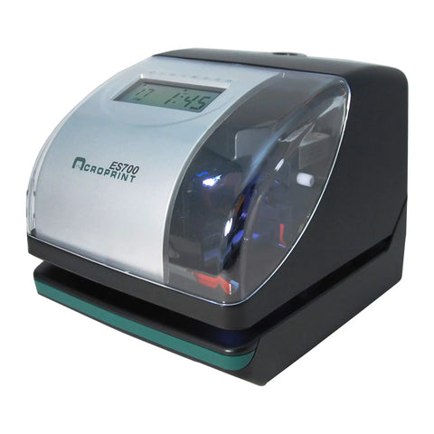 Electronic Time Clock Machine With Automatic Daylight Savings And Battery Backup, easy-to-read digital display, compact design.