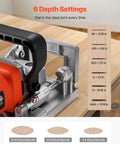 Top Shelf Biscuit Plate Joiner Boasting A 760W Motor Hitting 11600 Rpm For Knockout Joints showing 6 depth settings on wood pieces.
