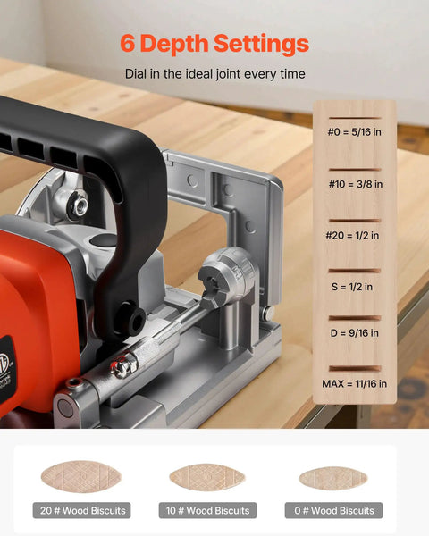 Top Shelf Biscuit Plate Joiner Boasting A 760W Motor Hitting 11600 Rpm For Knockout Joints showing 6 depth settings on wood pieces.