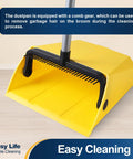 Heavy Duty Commercial Dustpan With Built In Comb For Hair Removal, Indoor Outdoor Use, yellow dustpan close-up view