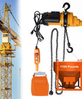 Heavy Duty Electric Chain Hoist 1100 Lb Capacity with yellow motor, chain, and steel hook for easy lifting in garages.
