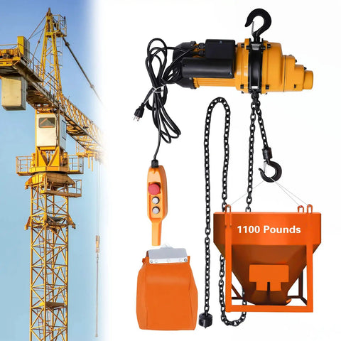 Heavy Duty Electric Chain Hoist 1100 Lb Capacity with yellow motor, chain, and steel hook for easy lifting in garages.