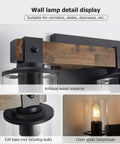Close-up of Farmhouse Vanity Light Fixture 3-Light Wall Sconce with antique wood finish, black matte metal, and clear glass shades.