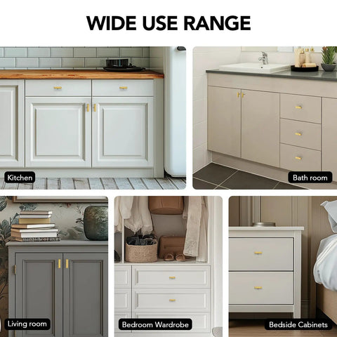 Thirty Hella Sturdy Brushed Brass Cabinet Knobs Featuring Slick Two Inch Square Bar Hardware on various cabinets in kitchen, bathroom, living room, and bedroom.
