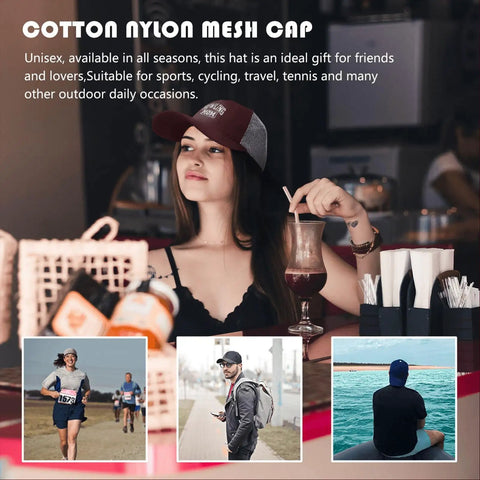 Unisex Running Trucker Cap With Distressed Low Profile Look worn in café with adjustable buckle, casual style for everyday wear.