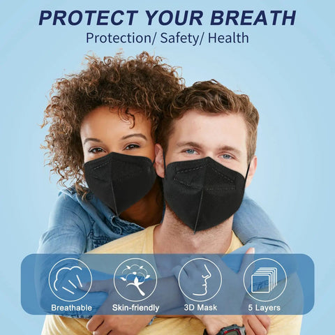 Black KN95 Face Masks 30 Pack, 5 Ply Breathable Comfort Cup Style, worn by couple for PM2.5 protection, adults, ultra protective