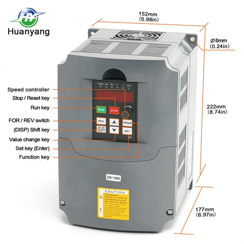 Plug And Play VFD Converter For 220V Motors And Spindles Convert Single Phase To Three Phase 4KW 5HP, front view dimensions labeled