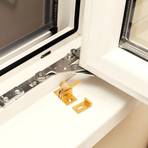 Brass Cabinet Door Latch With Spring Catch Old School Retro Style Window Security Lock for home decor on window ledge