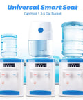 Hot And Cold Water Desktop Dispenser For 1.3 To 5 Gallon Jugs with Top Loading Cooler, shown with various bottle sizes