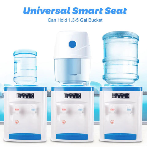 Hot And Cold Water Desktop Dispenser For 1.3 To 5 Gallon Jugs with Top Loading Cooler, shown with various bottle sizes