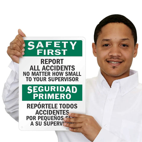 Heavy Duty Bilingual Safety Sign Saying Report All Workplace Accidents To Supervisor 10X14 Inch Durable HDPE Plastic Wall Plaque, displayed by a person.