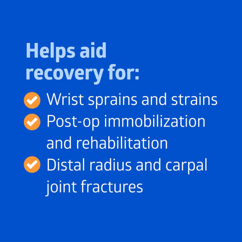 Slip On Wrist And Forearm Splints for Right Arm, Medium, 10 Inch; benefits for sprains, post-op, and fractures shown.