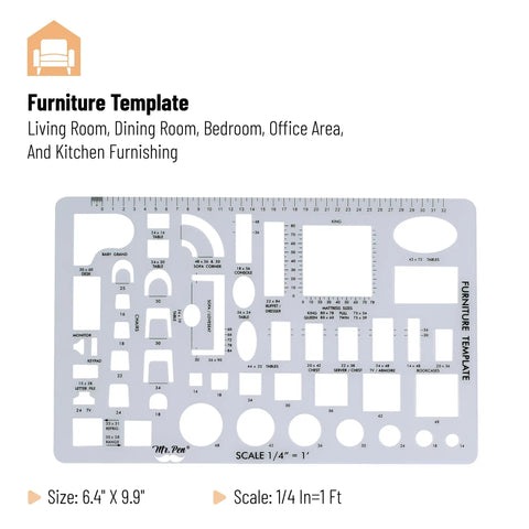 Slick 3 Piece Interior Design And House Plan Template Set Featuring Professional Furniture Layout Kitchen Bedroom Bathroom Grids And Scale Ruler For No Fuss Diy Room Mapping Furniture template for living room, 6.4" x 9.9", scale 1/4"=1'.