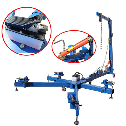 Car Frame Corrector And Straightener Puller, 10 Ton Hydraulic Frame Repair Tool in blue with adjustable tower and clamps