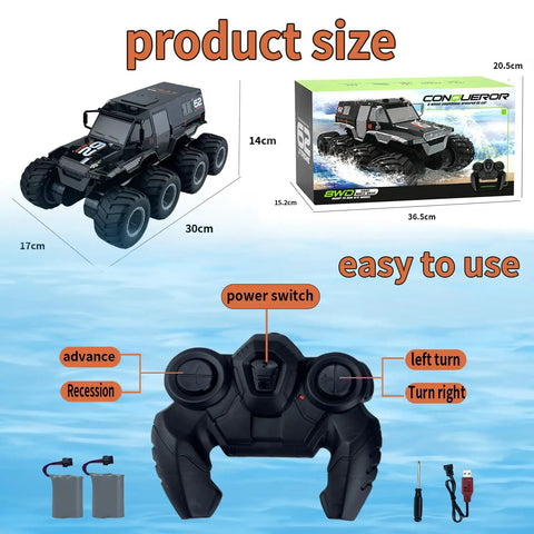 Amphibious Remote Control Car With Waterproof Design 8WD Monster Truck 2.4GHz Radio Dual Batteries package contents and size